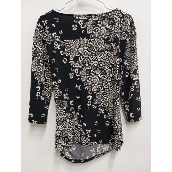 AK Anne Klein Womens Top Medium Black Beige Animal Print 3/4 Sleeve Ruched - Picture 7 of 8